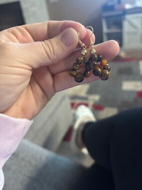 Tiger Eye Beaded Hoop Earrings - Brown Gold Accents